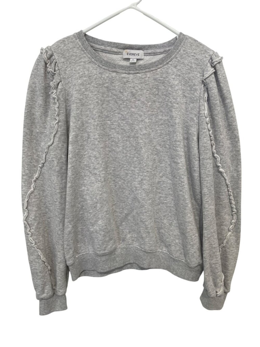 Evereve Sweatshirt Size Small Crewneck Ruffle Trim Long Sleeve Gray Cotton Blend